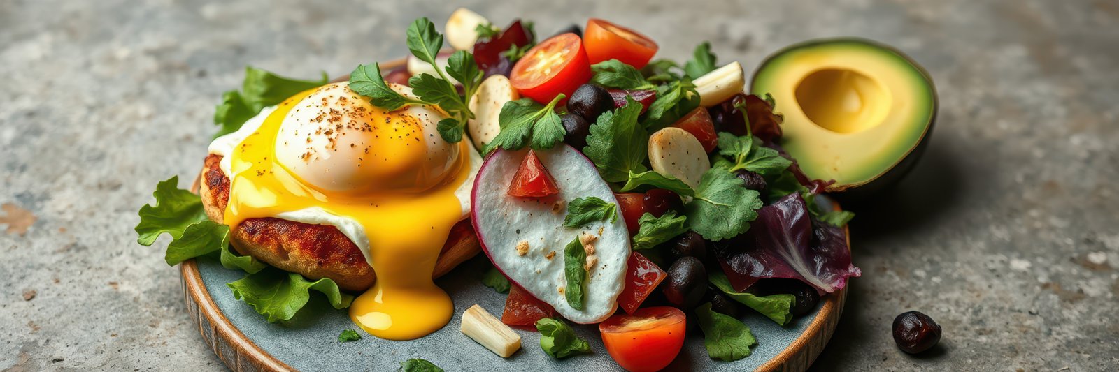 Delicious brunch plate with poached egg, fresh salad, and avocado on textured grey surface